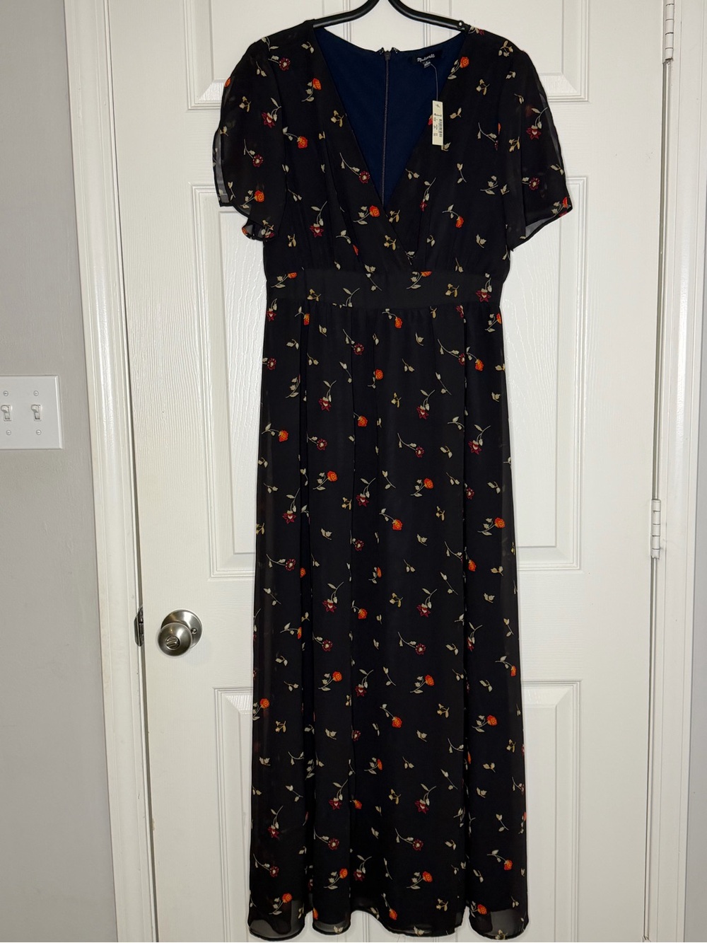 Madewell Black/Navy Floral Maxi Dress with sheer Sleeves